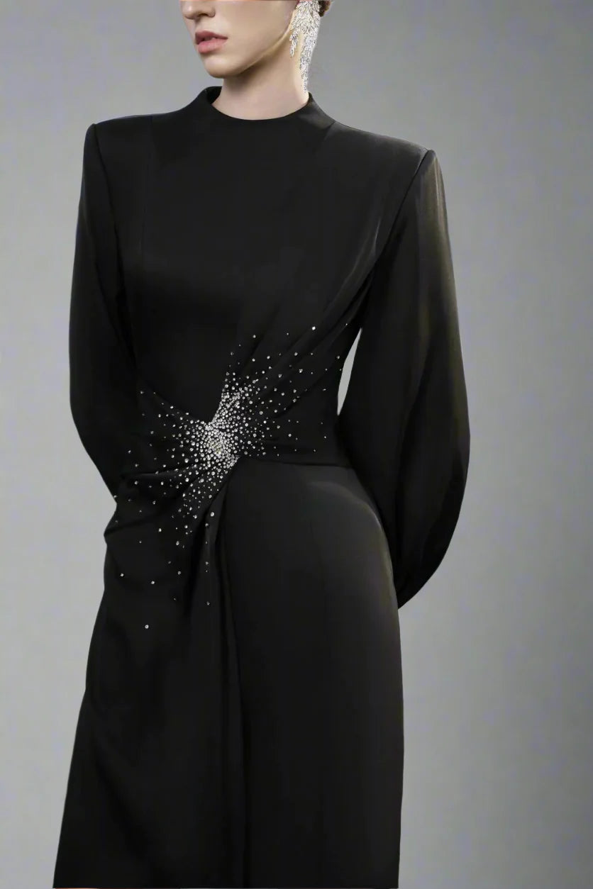 Balloon-Sleeve Gown with Embellished Waist - RADIANT