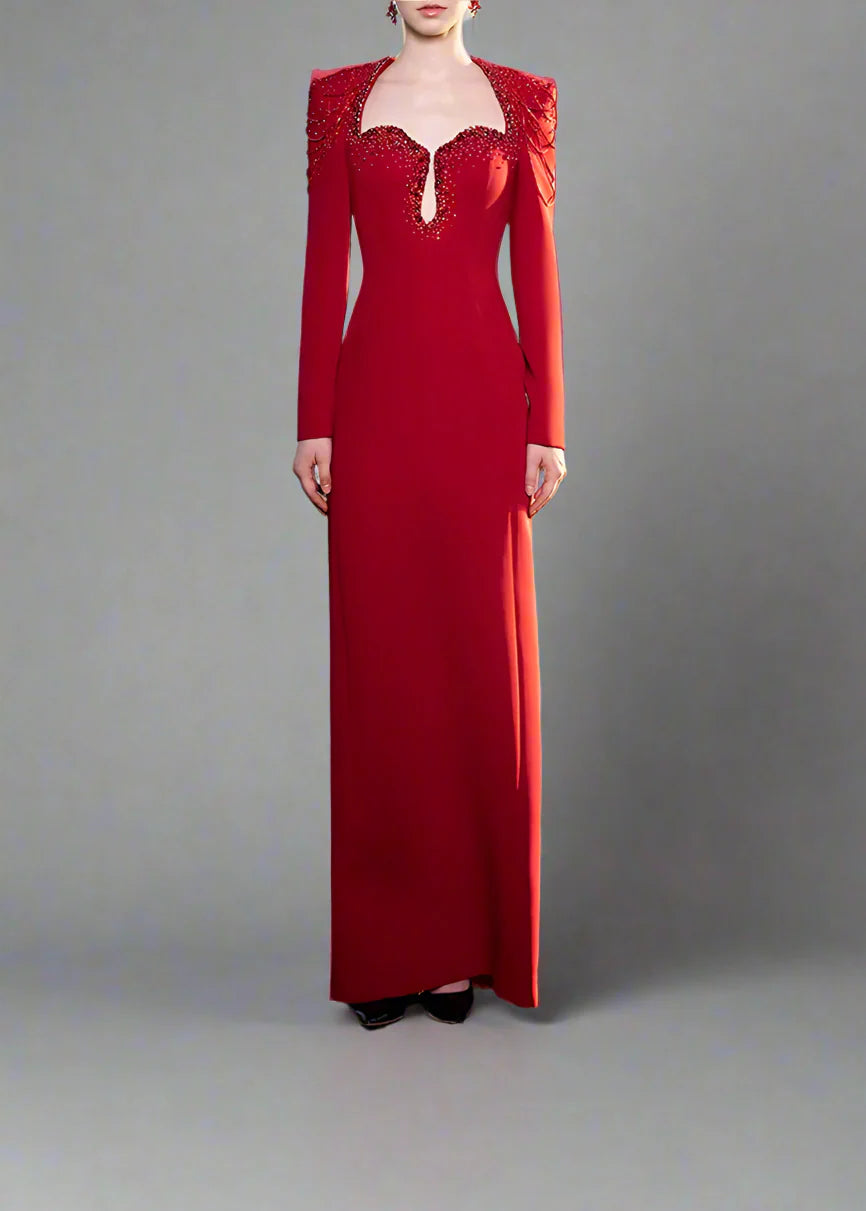 Long-Sleeve Column Dress with Beaded Shoulder Chains - ASTRA