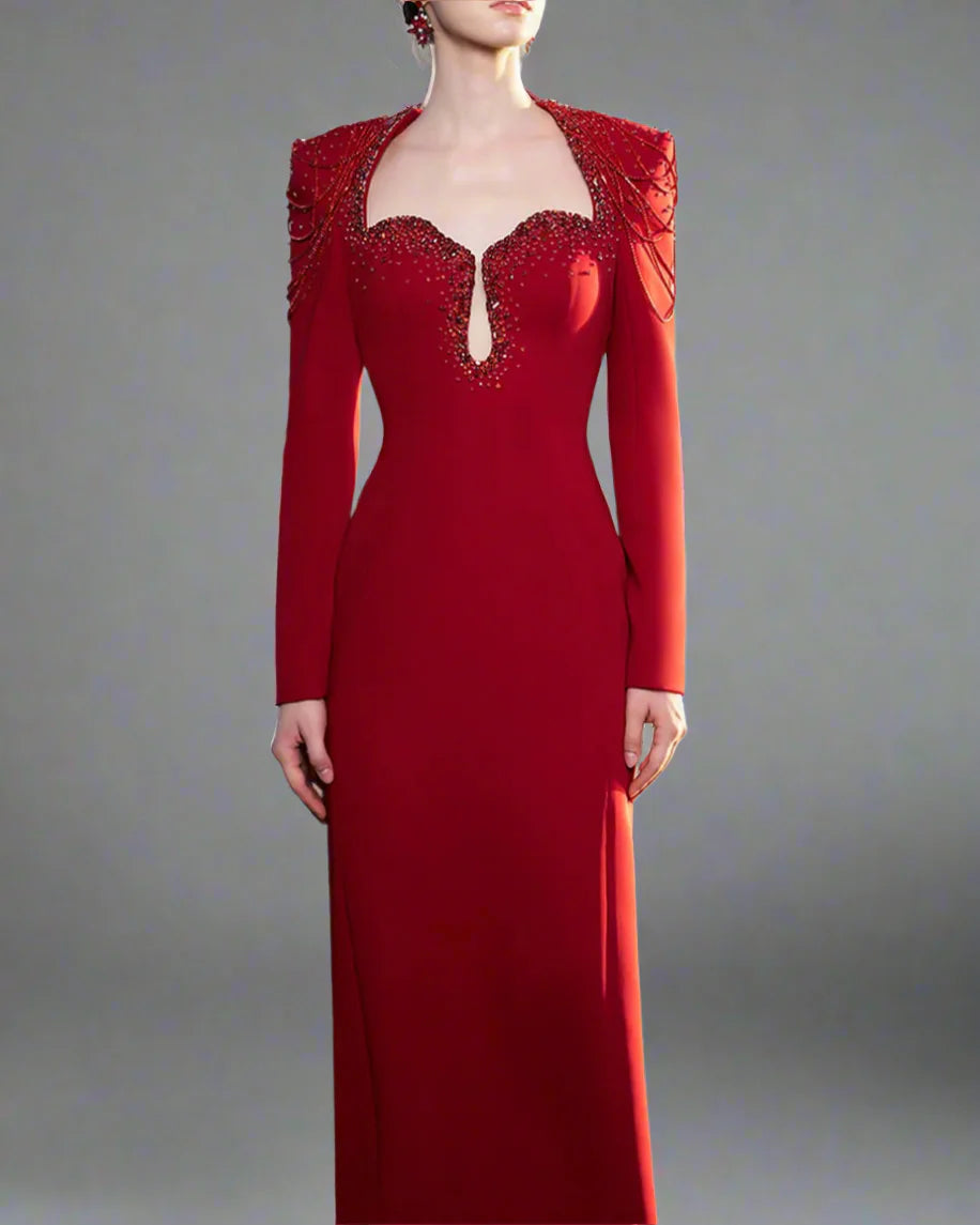 Long-Sleeve Column Dress with Beaded Shoulder Chains - ASTRA