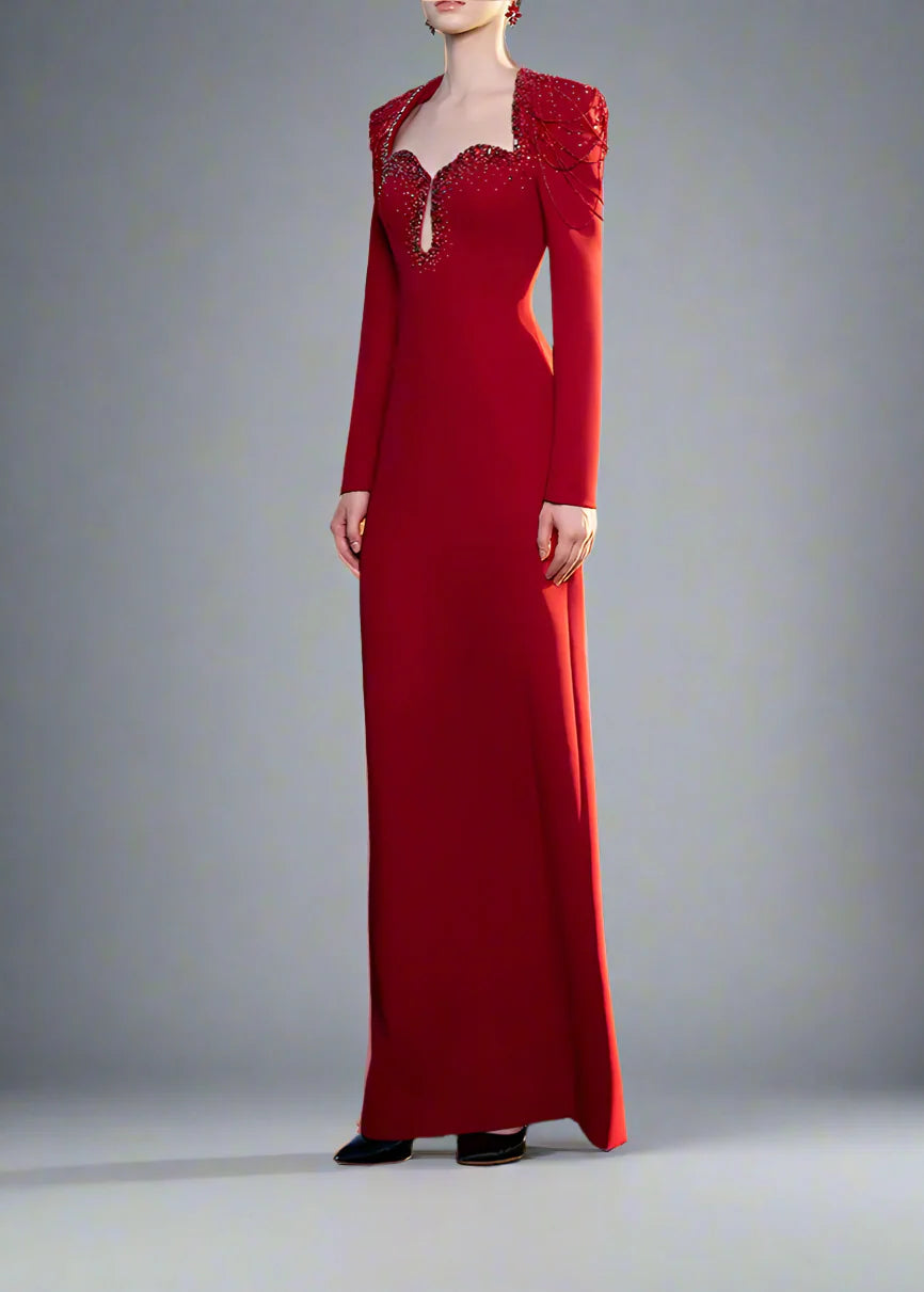 Long-Sleeve Column Dress with Beaded Shoulder Chains - ASTRA