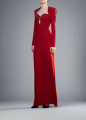 Long-Sleeve Column Dress with Beaded Shoulder Chains - ASTRA