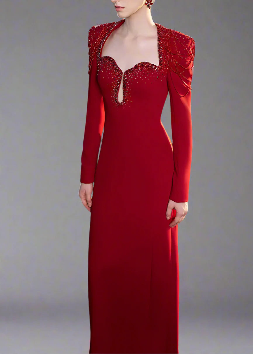 Long-Sleeve Column Dress with Beaded Shoulder Chains - ASTRA