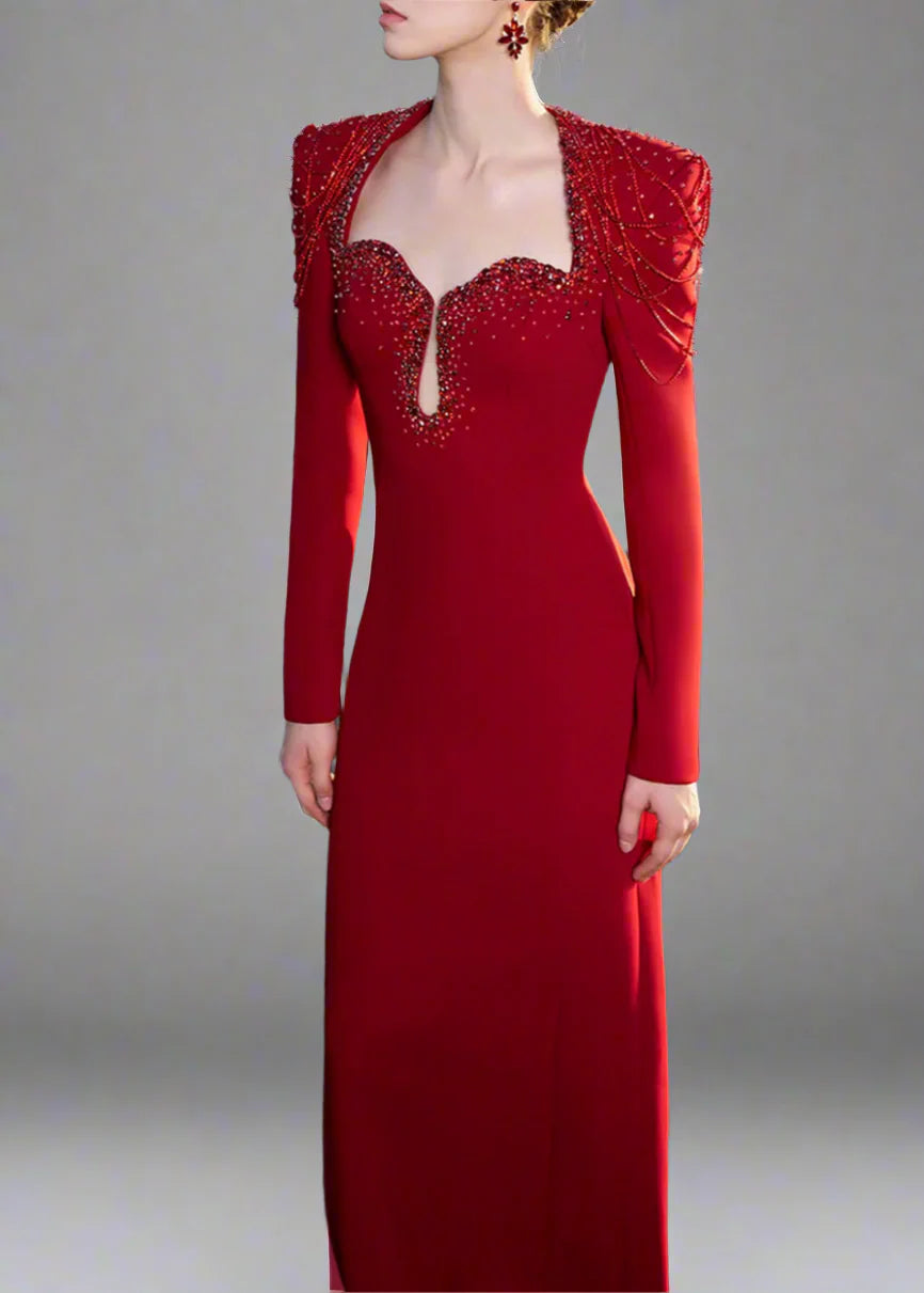 Long-Sleeve Column Dress with Beaded Shoulder Chains - ASTRA