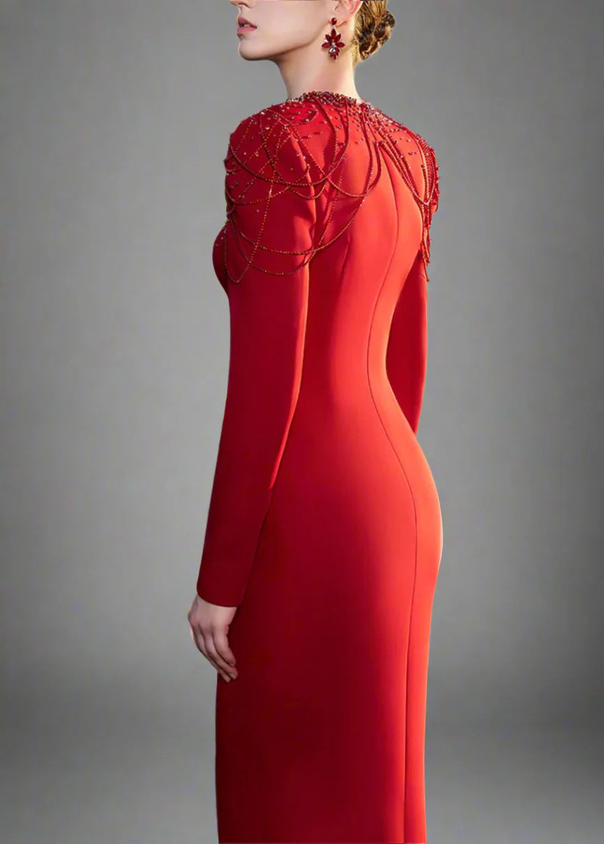 Long-Sleeve Column Dress with Beaded Shoulder Chains - ASTRA