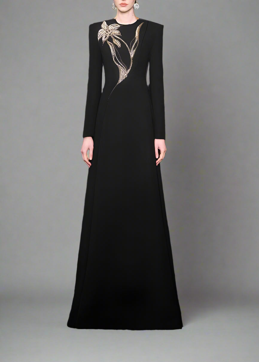 Long-sleeve column dress with floral beaded detail - ONYX