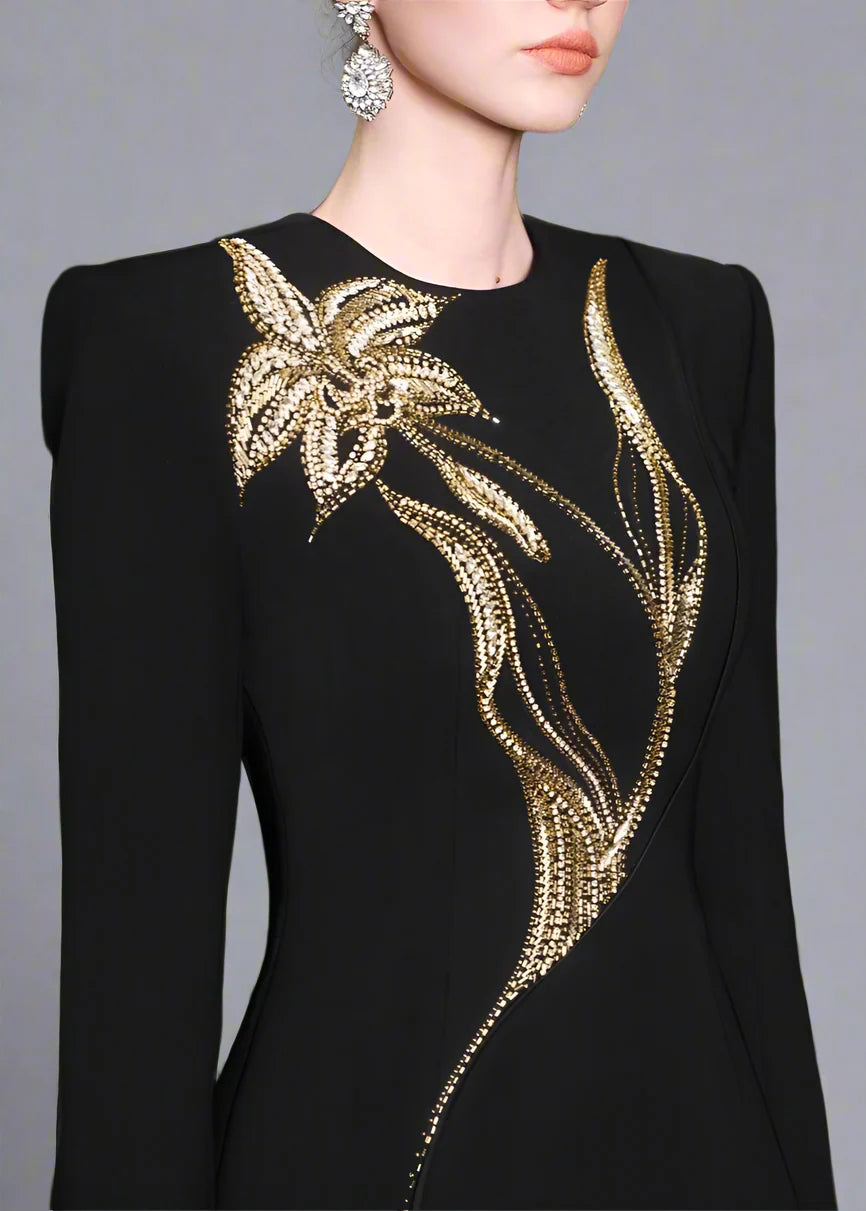 Long-sleeve column dress with floral beaded detail - ONYX