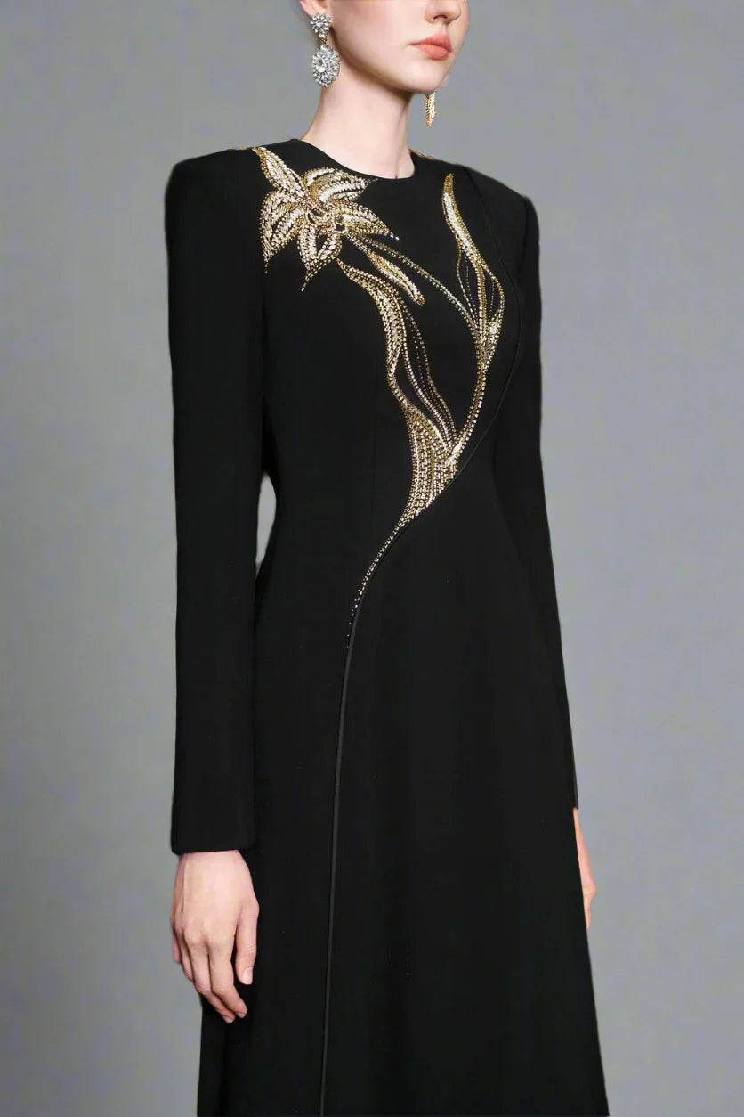 Long-sleeve column dress with floral beaded detail - ONYX