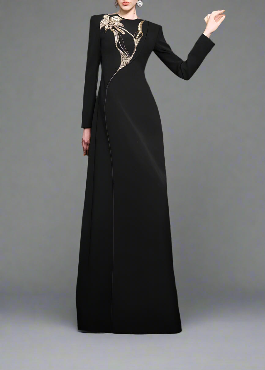Long-sleeve column dress with floral beaded detail - ONYX