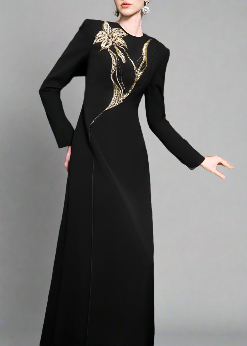 Long-sleeve column dress with floral beaded detail - ONYX