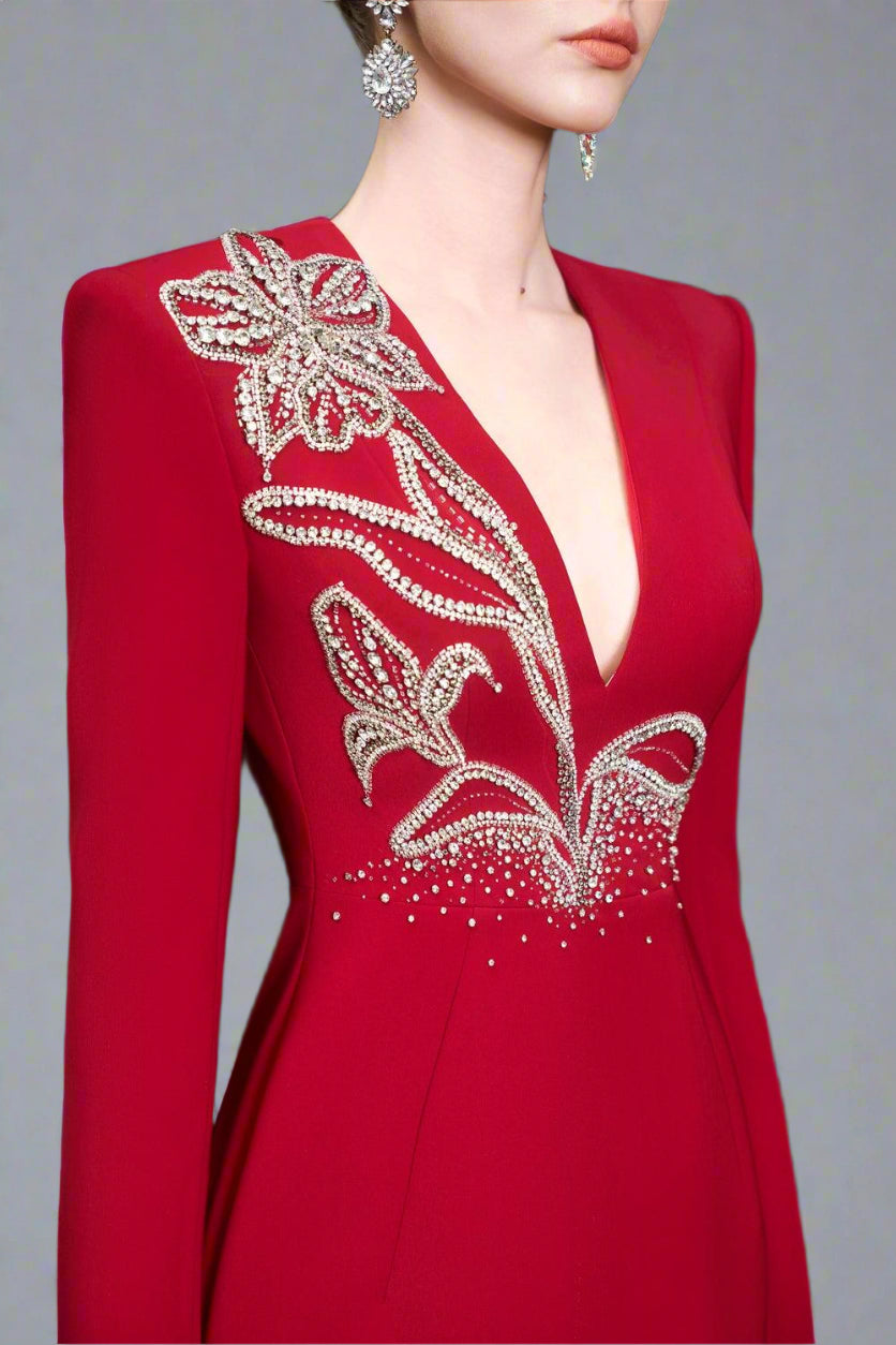 Long-sleeve column dress with floral embellishments - RUBY