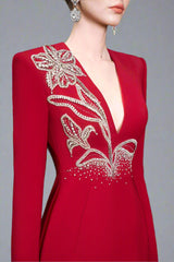 Long-sleeve column dress with floral embellishments - RUBY