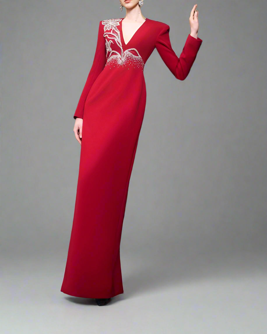 Long-sleeve column dress with floral embellishments - RUBY