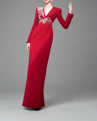 Long-sleeve column dress with floral embellishments - RUBY