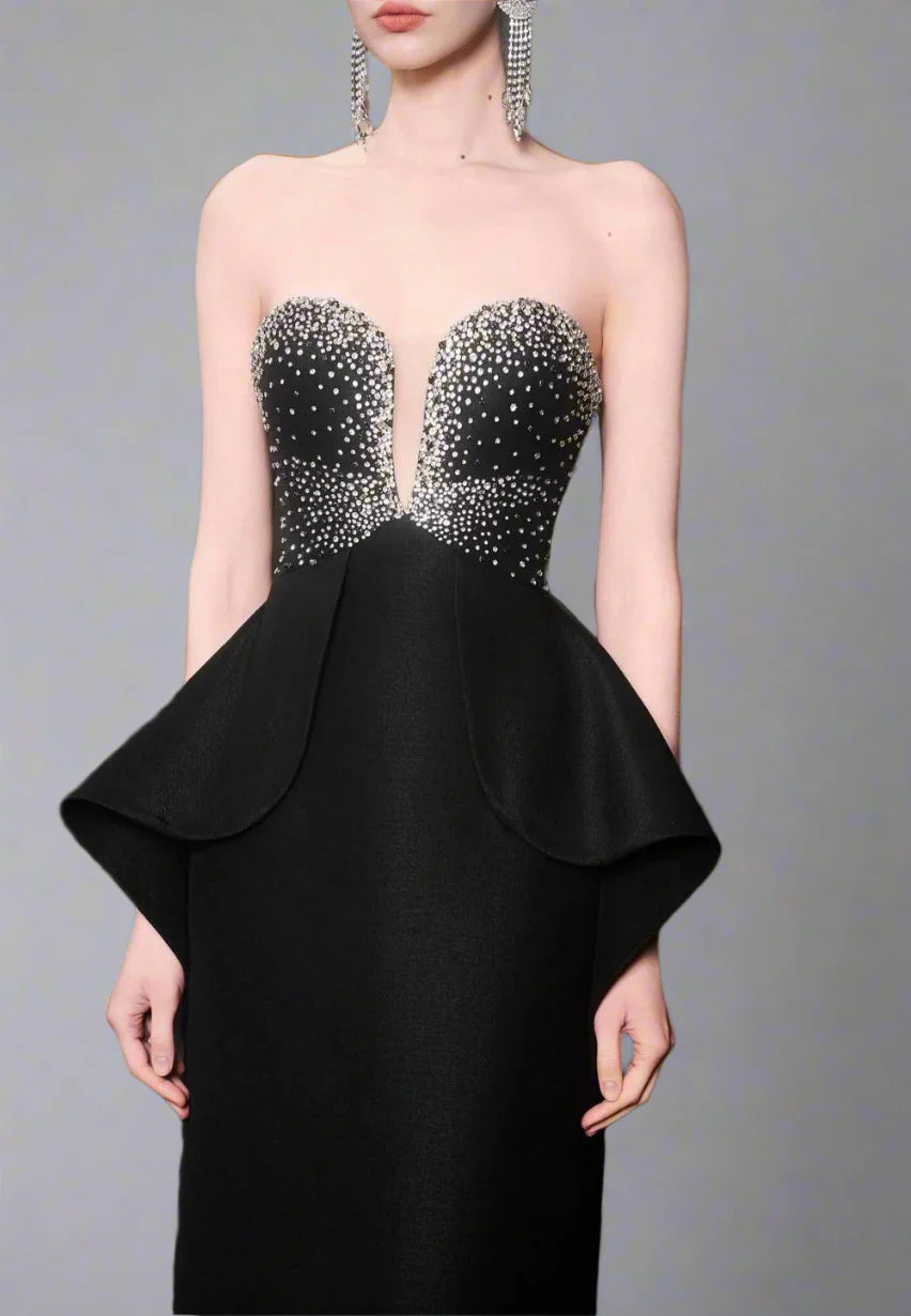 Strapless Gown with Embellished Bodice and Peplum Detail - ELYSIA