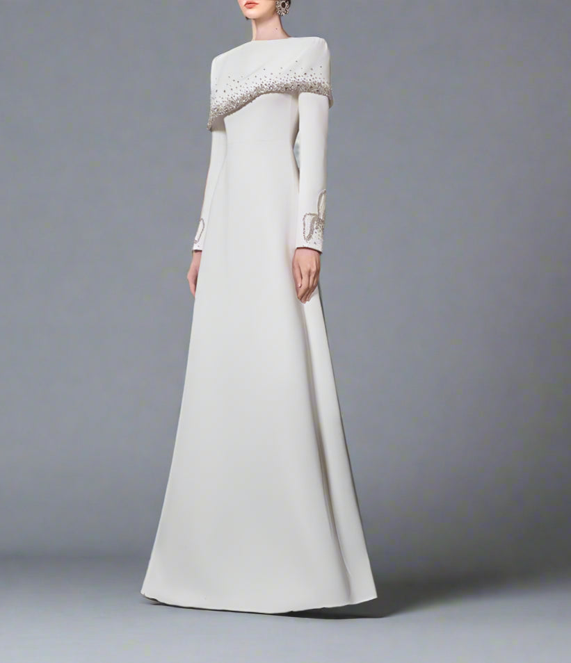 Off-shoulder A-line dress with embellished cuffs - DIANA