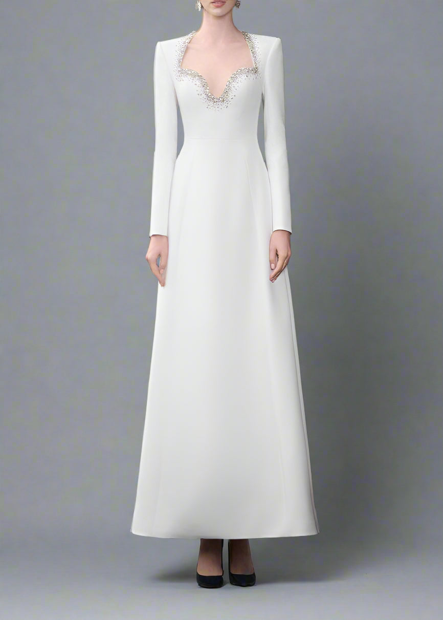 Long Sleeve Embellished Neckline Dress - Ivory