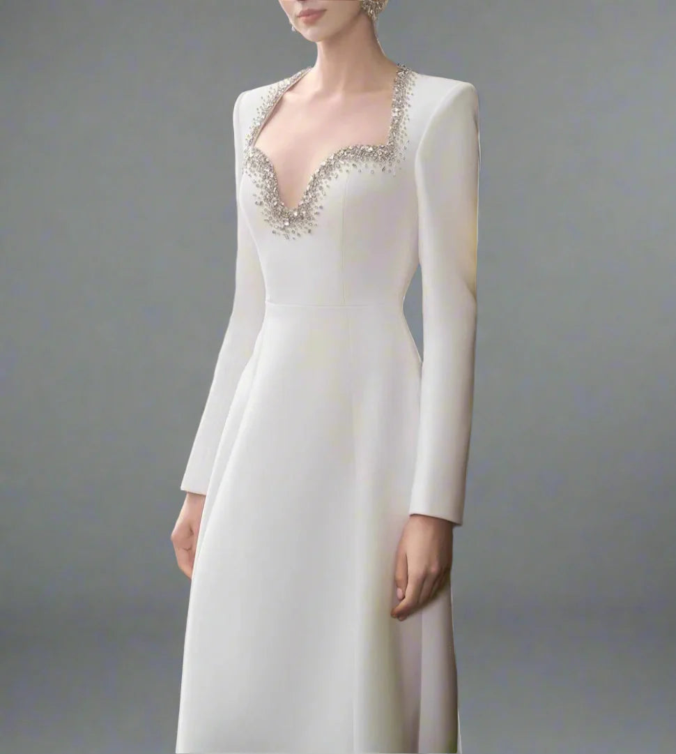 Long Sleeve Embellished Neckline Dress - Ivory