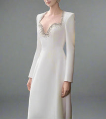 Long Sleeve Embellished Neckline Dress - Ivory
