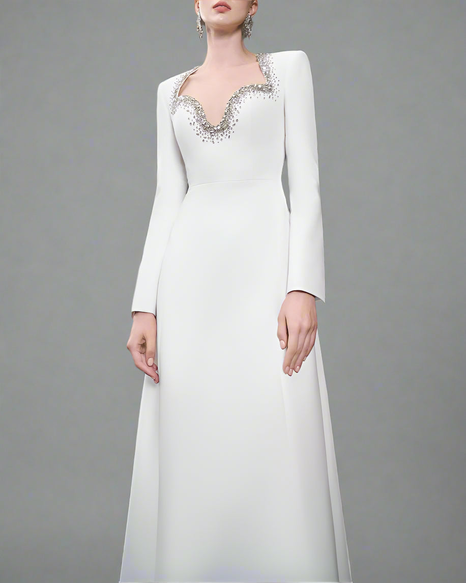 Long Sleeve Embellished Neckline Dress - Ivory