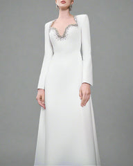 Long Sleeve Embellished Neckline Dress - Ivory