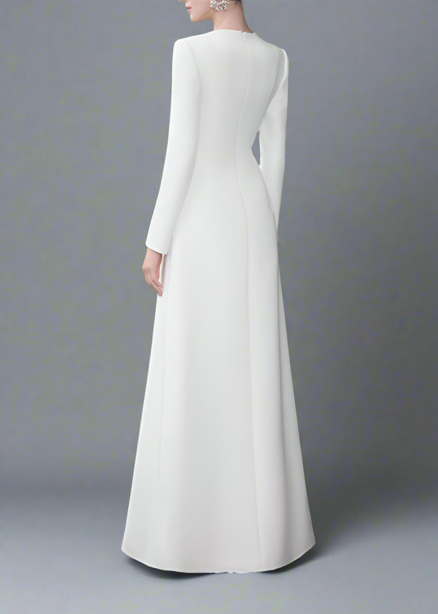 Long Sleeve Embellished Neckline Dress - Ivory