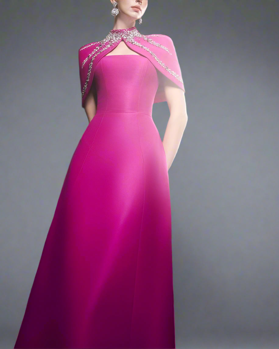 Strapless A-line dress with embellished shoulder cape - SERENA