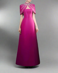 Strapless A-line dress with embellished shoulder cape - SERENA