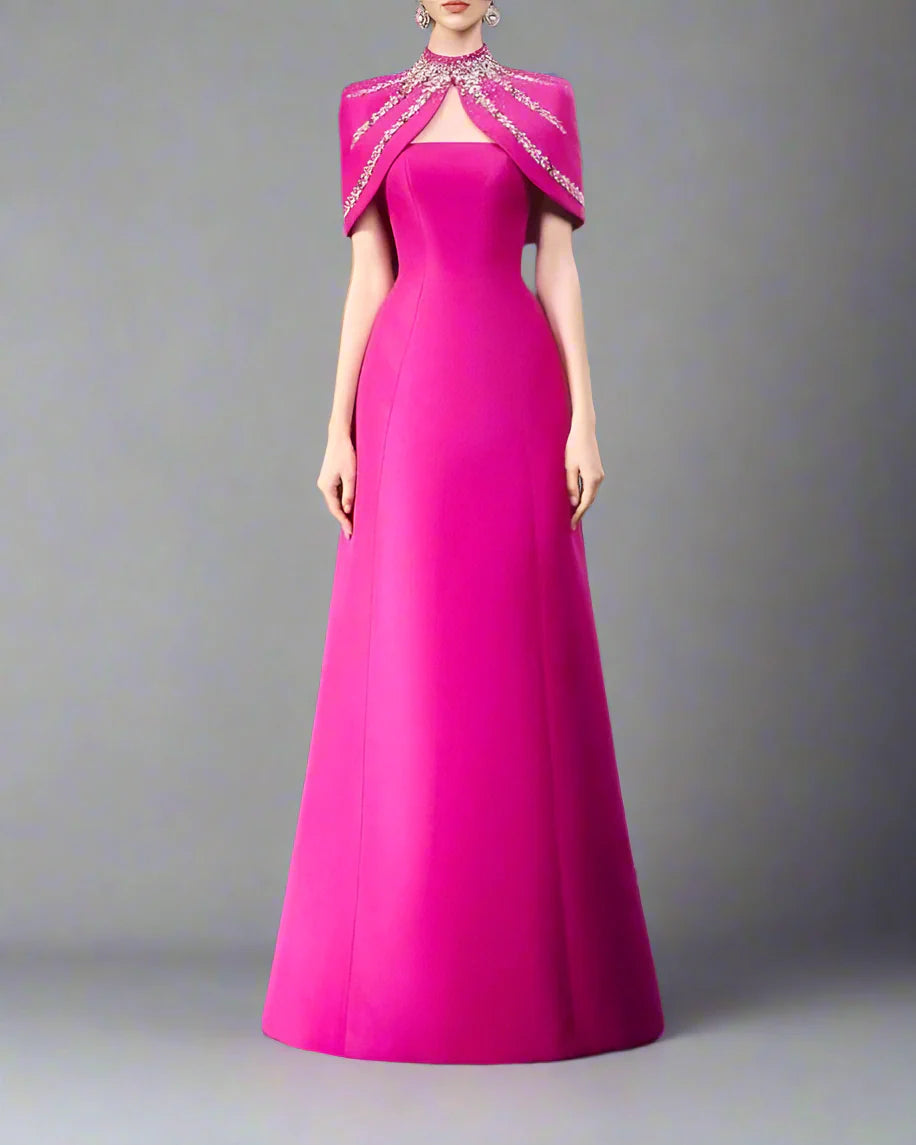Strapless A-line dress with embellished shoulder cape - SERENA