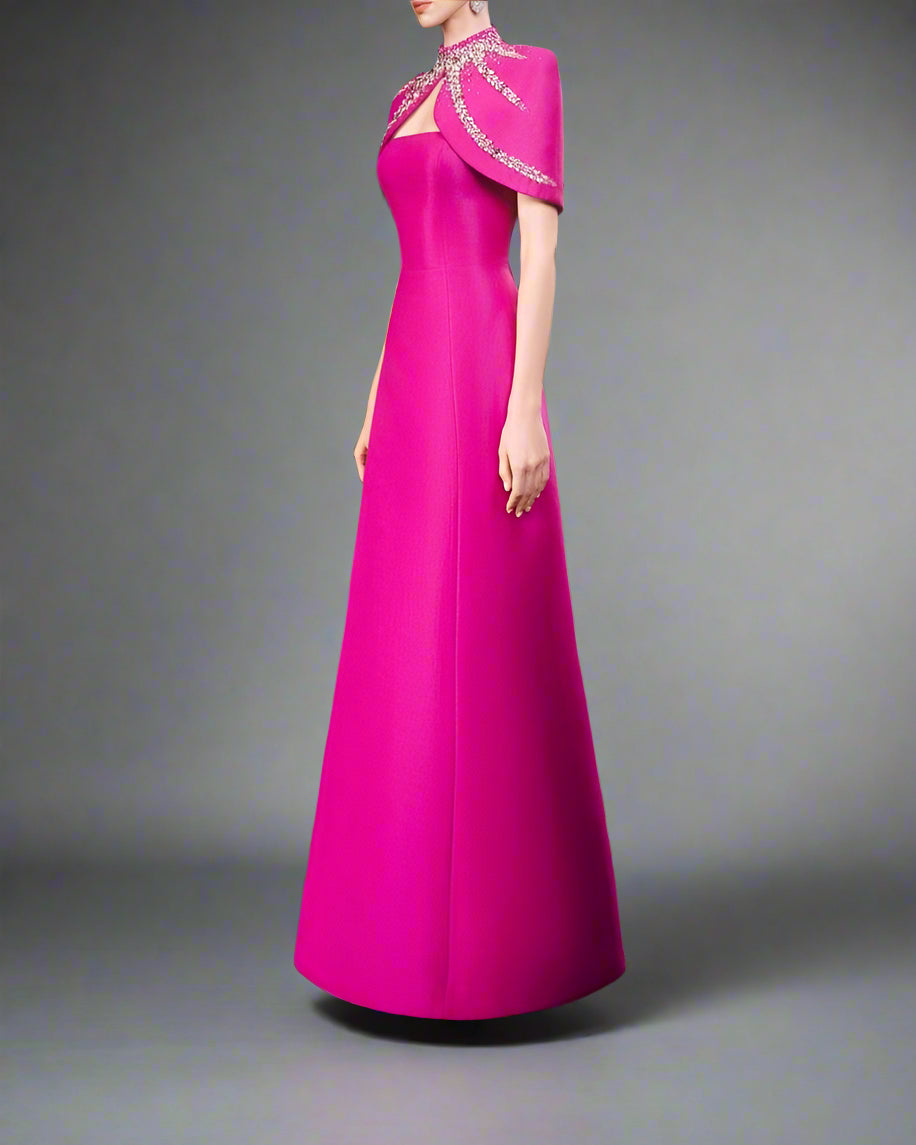 Strapless A-line dress with embellished shoulder cape - SERENA