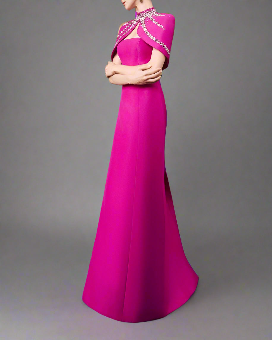 Strapless A-line dress with embellished shoulder cape - SERENA