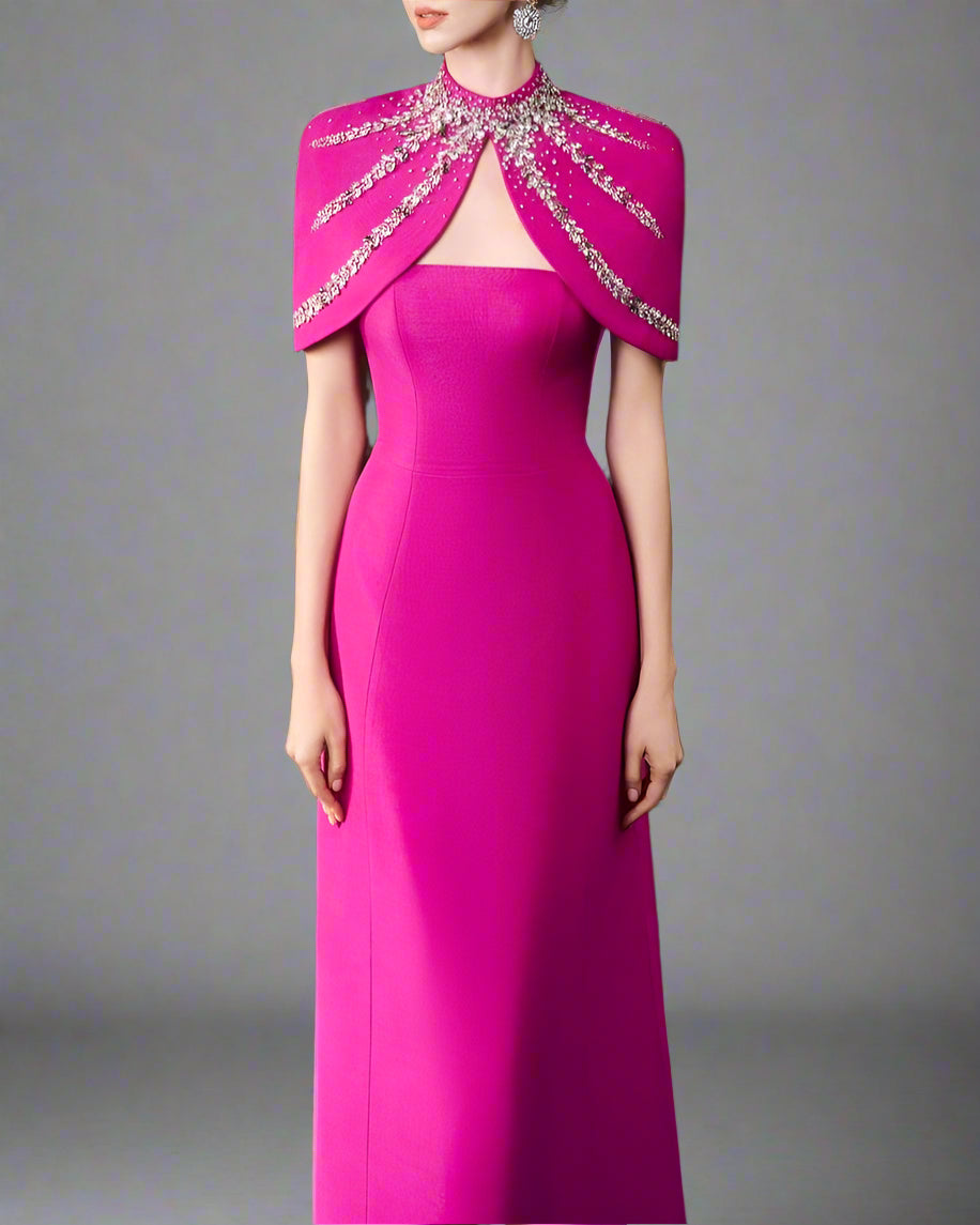 Strapless A-line dress with embellished shoulder cape - SERENA
