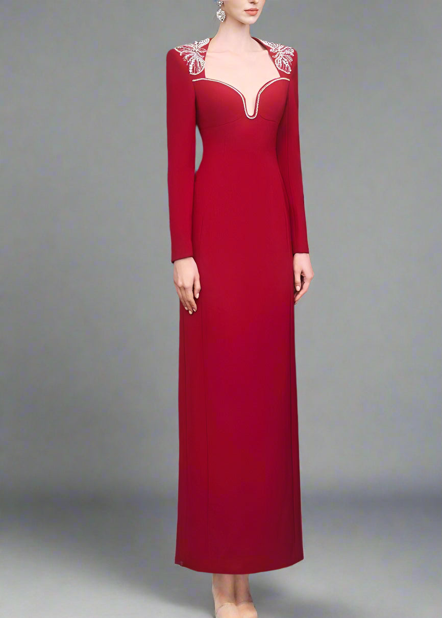 Long-Sleeve Column Dress with Embellished Neckline - RUBY