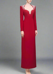 Long-Sleeve Column Dress with Embellished Neckline - RUBY
