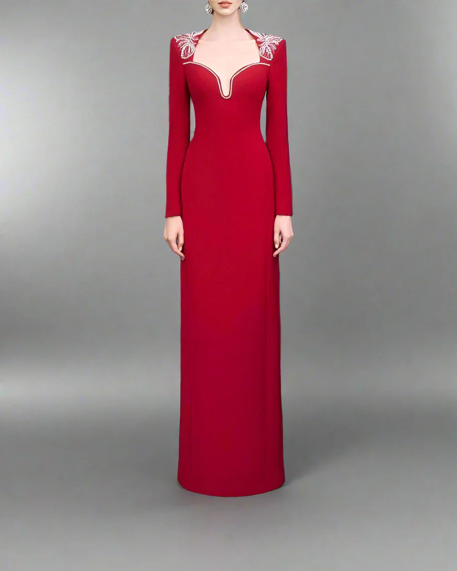 Long-Sleeve Column Dress with Embellished Neckline - RUBY
