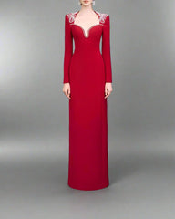 Long-Sleeve Column Dress with Embellished Neckline - RUBY