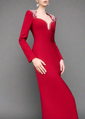 Long-Sleeve Column Dress with Embellished Neckline - RUBY