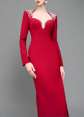 Long-Sleeve Column Dress with Embellished Neckline - RUBY