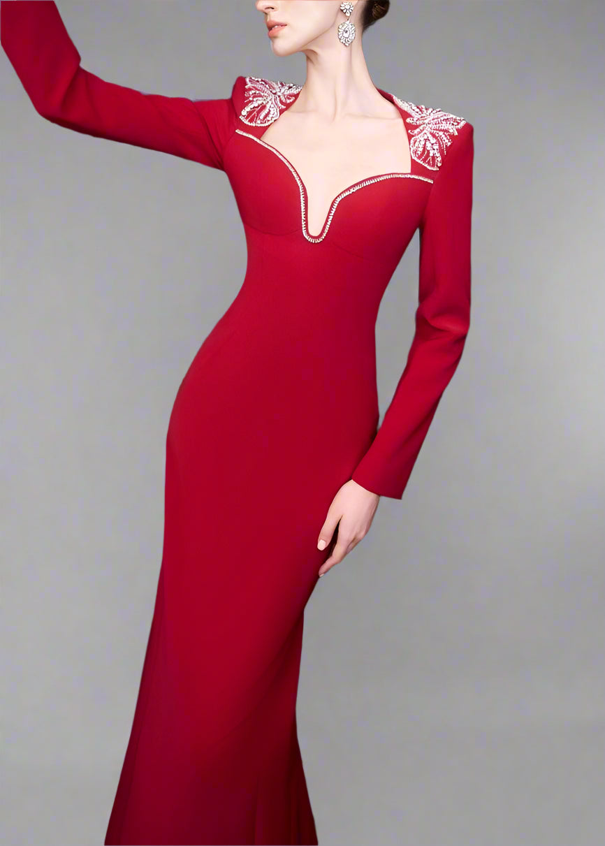 Long-Sleeve Column Dress with Embellished Neckline - RUBY
