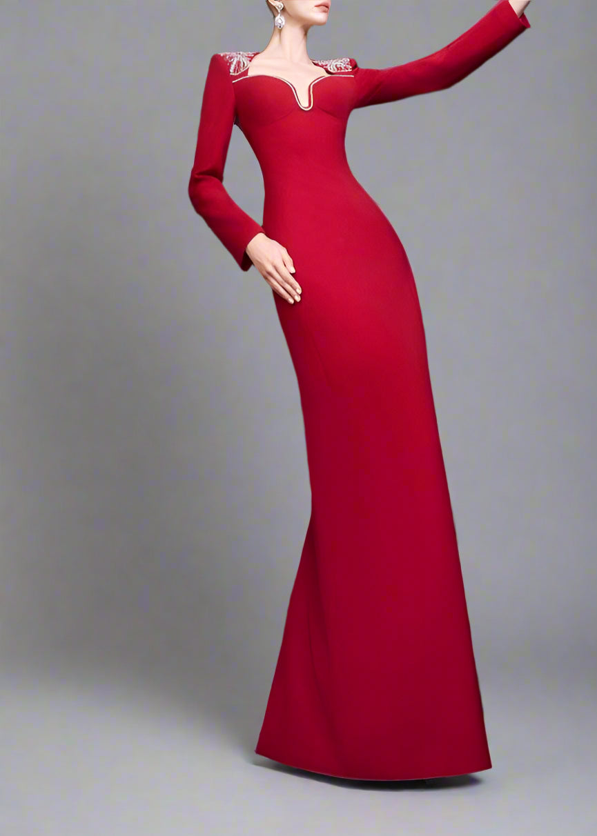 Long-Sleeve Column Dress with Embellished Neckline - RUBY