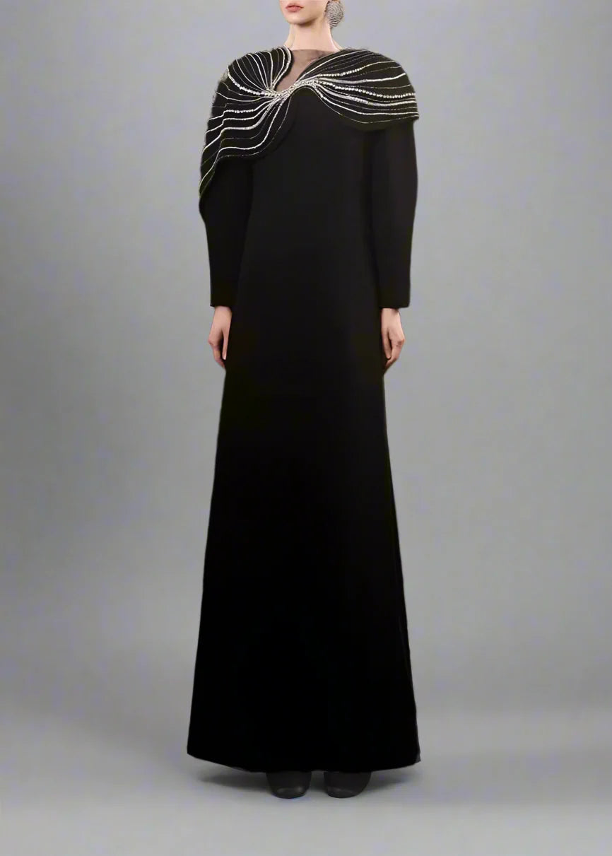 Long-sleeve column dress with embellished shoulder cape - ECLIPSE
