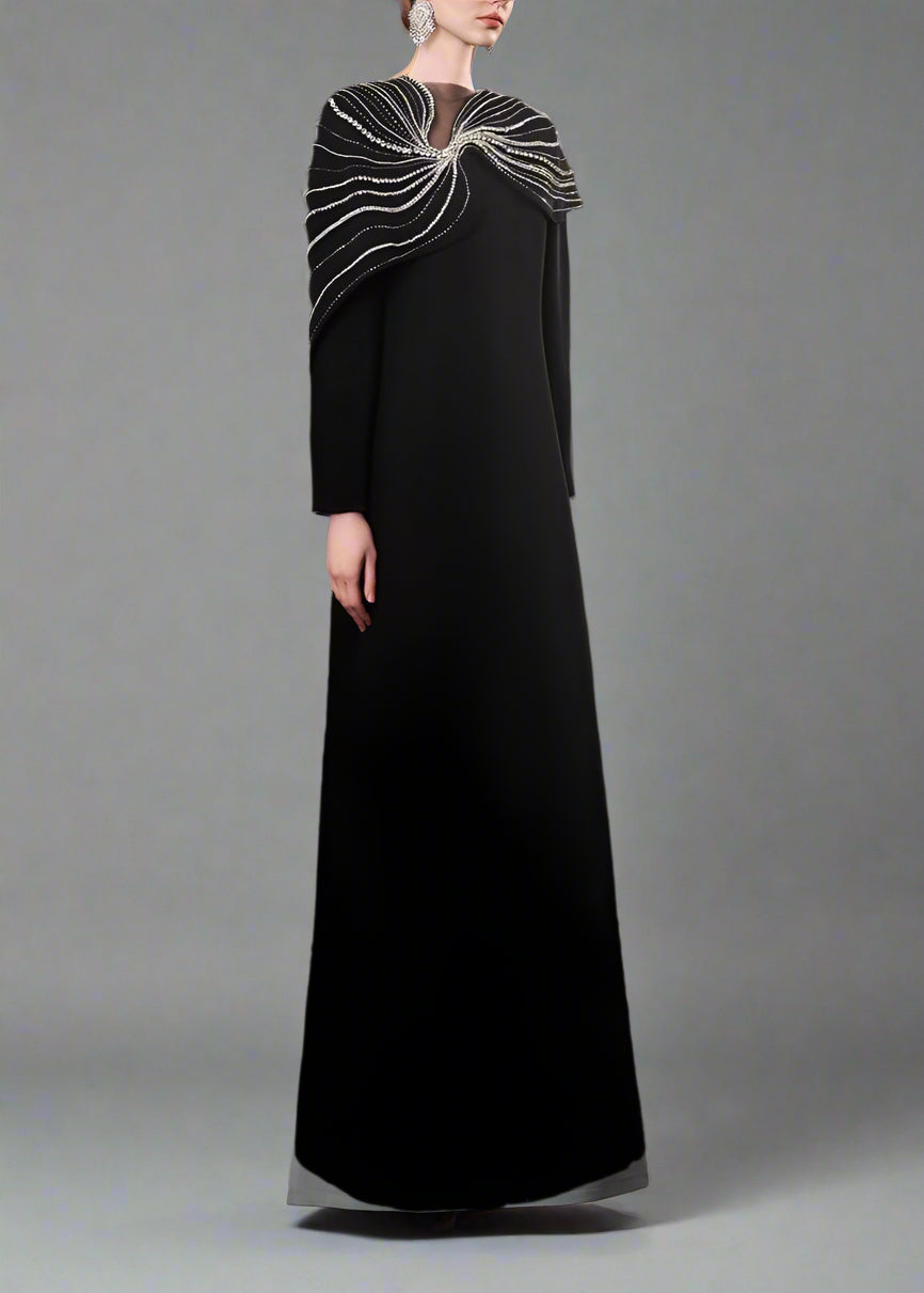 Long-sleeve column dress with embellished shoulder cape - ECLIPSE