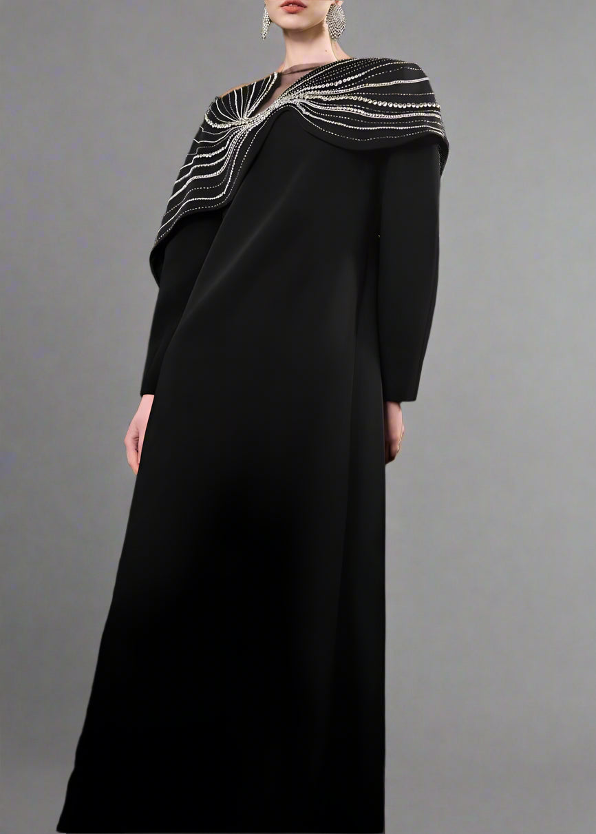 Long-sleeve column dress with embellished shoulder cape - ECLIPSE