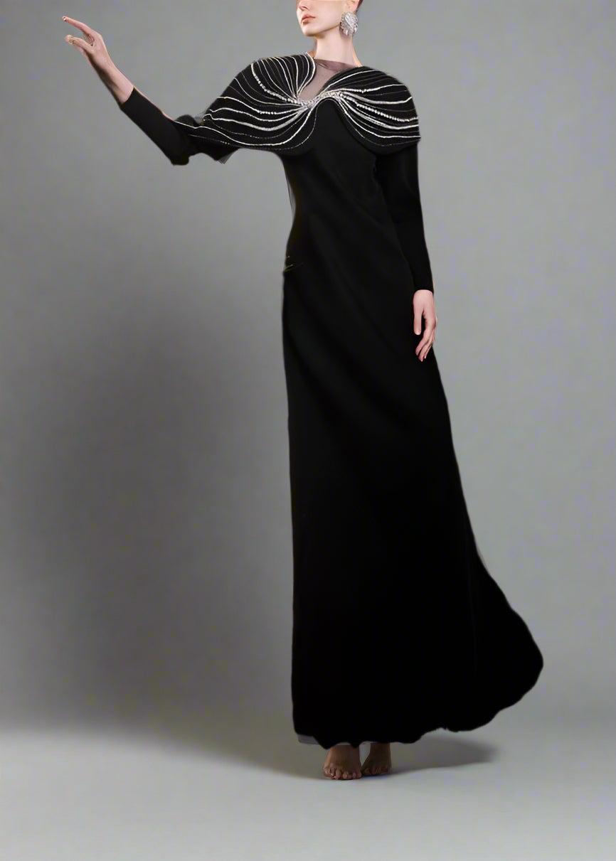 Long-sleeve column dress with embellished shoulder cape - ECLIPSE