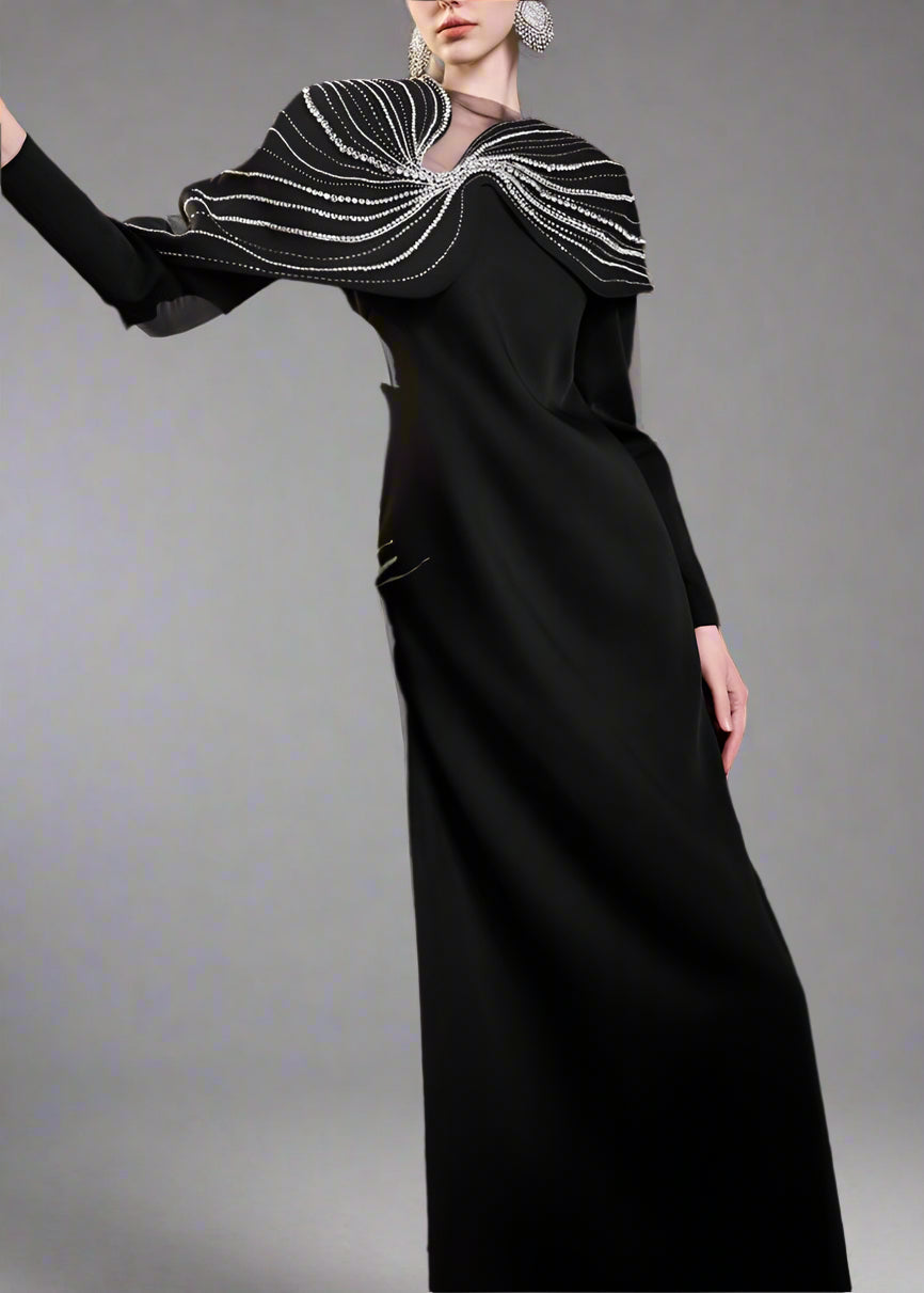 Long-sleeve column dress with embellished shoulder cape - ECLIPSE