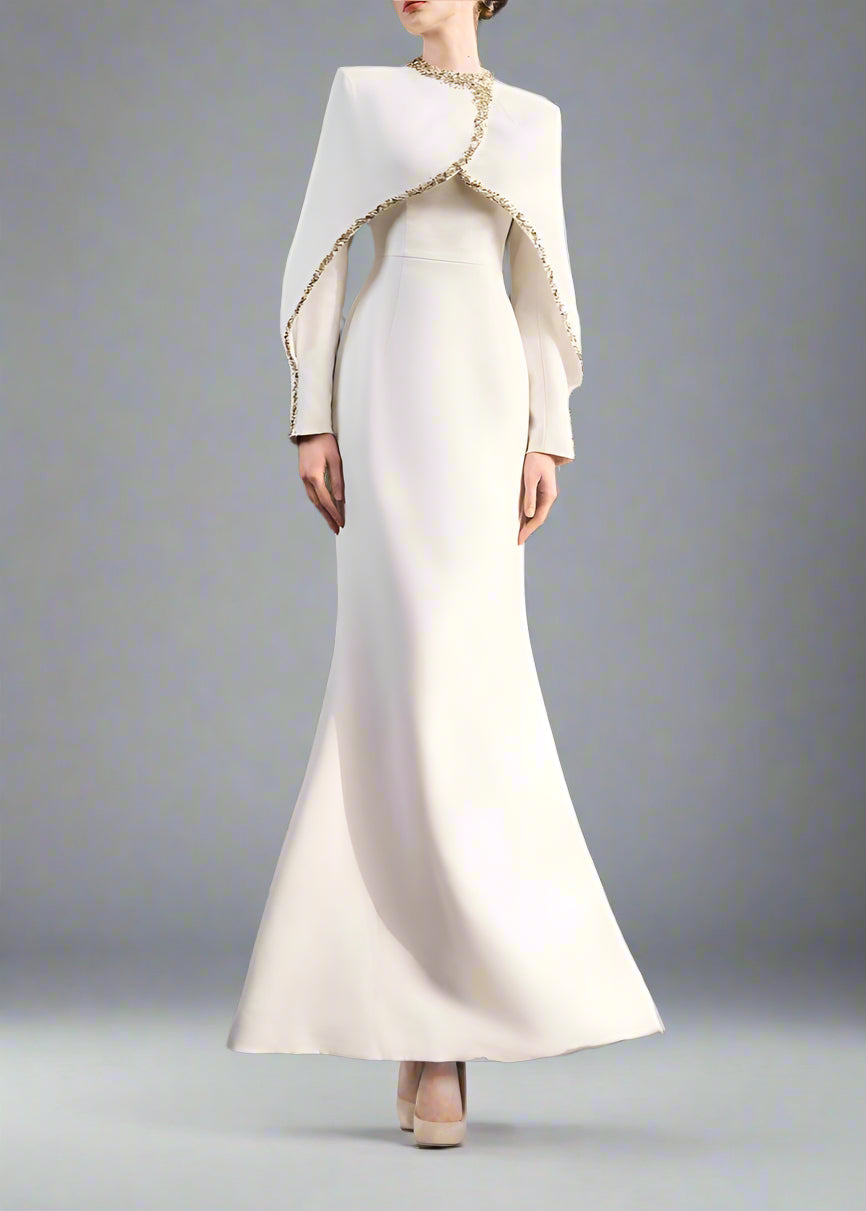 Long-Sleeve Column Dress with Embellished Cape - AURORA
