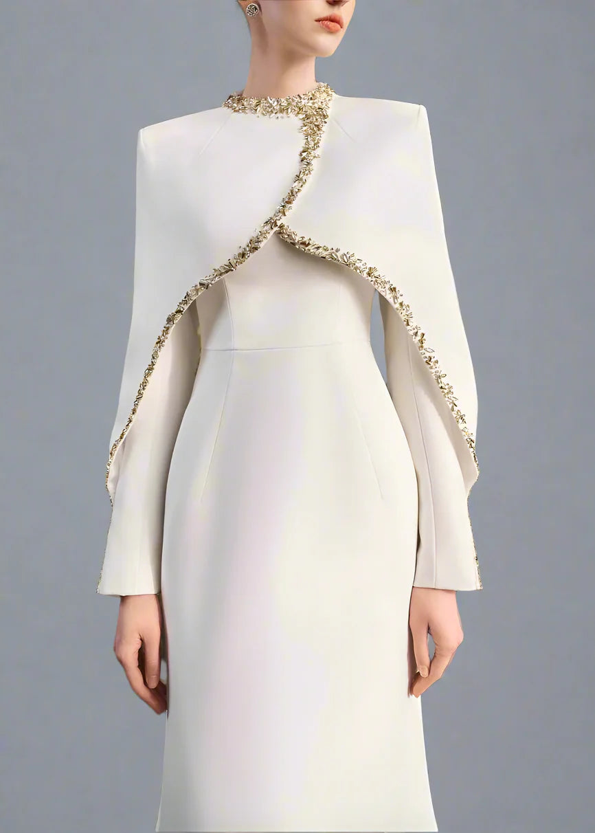 Long-Sleeve Column Dress with Embellished Cape - AURORA