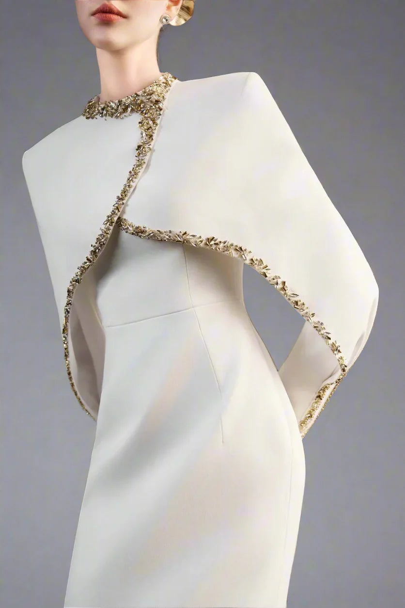 Long-Sleeve Column Dress with Embellished Cape - AURORA