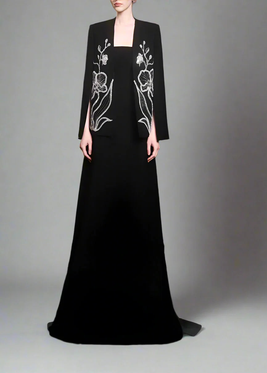 Strapless dress with floral embroidered cape - MIDNIGHT