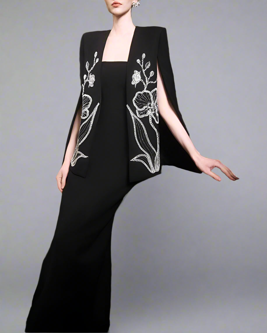 Strapless dress with floral embroidered cape - MIDNIGHT