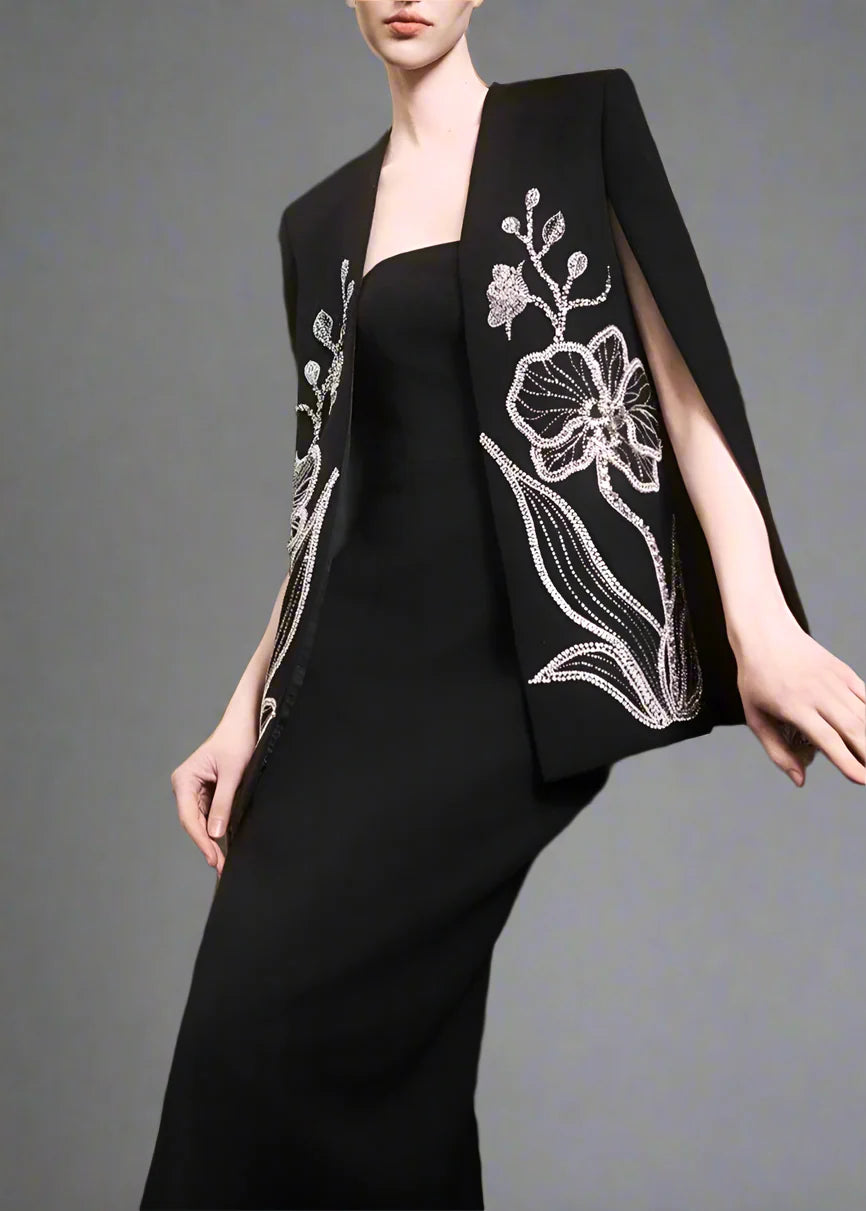Strapless dress with floral embroidered cape - MIDNIGHT